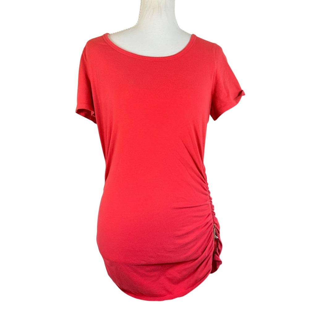 Michael Kors Dress Womens S Coral Ruched Side Zip Short Sleeve Stretch Bodycon - Picture 2 of 15